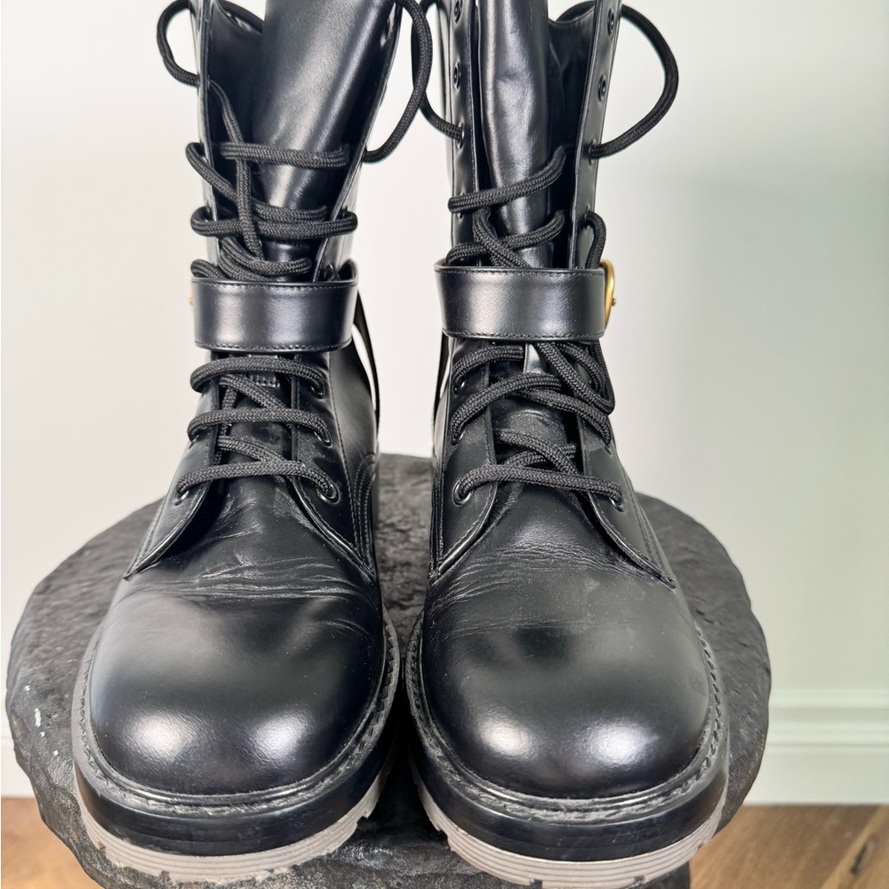 Chloe Diane Black Leather Lace up Combat Boots with Gold Buckle Size 9 - Picture 9 of 12